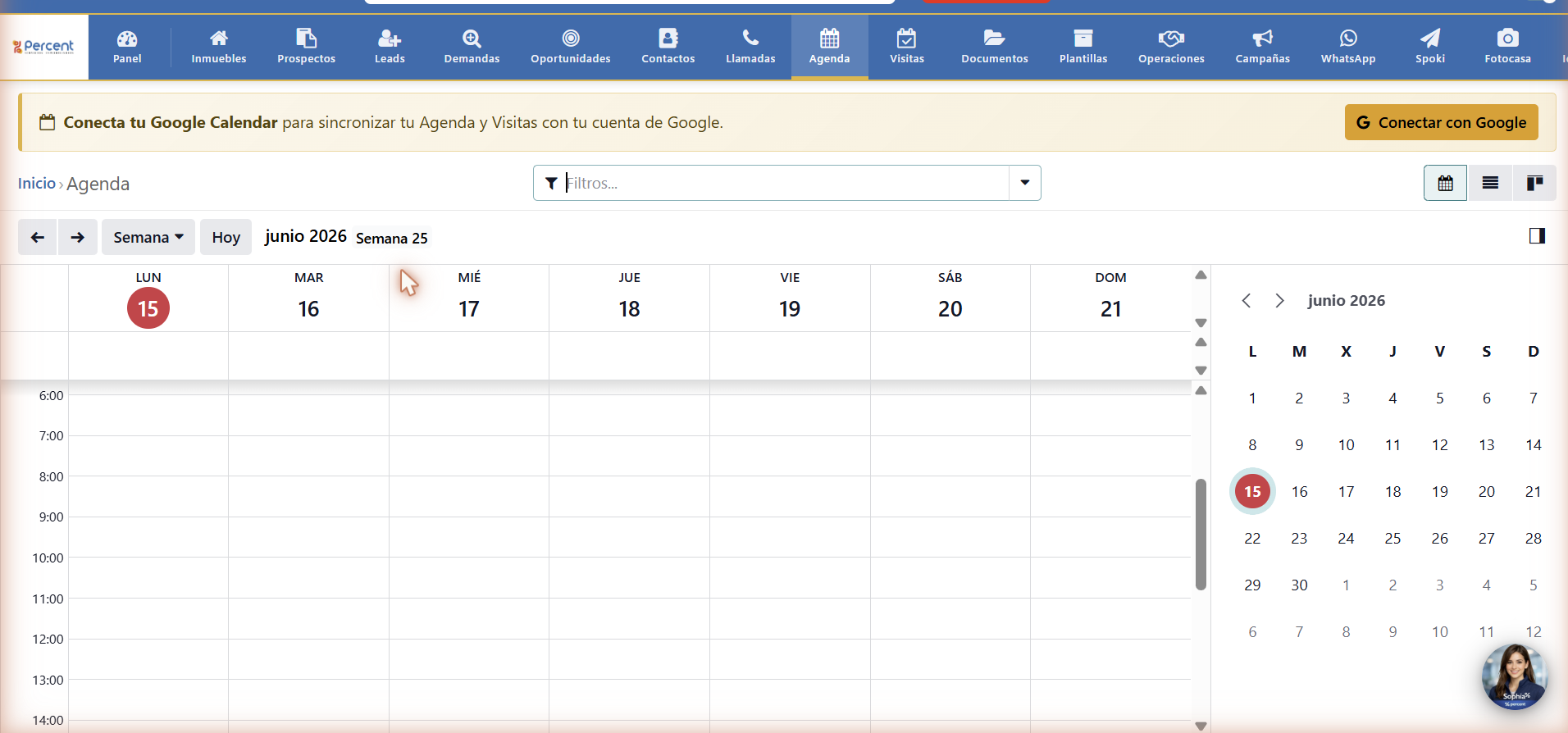 Cabecera de Agenda con el aviso amarillo «Conecta tu Google Calendar» y el botón «G Conectar con Google» a la derecha
