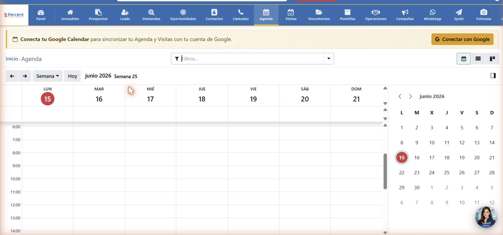 Cabecera de Agenda con el aviso amarillo «Conecta tu Google Calendar» y el botón «G Conectar con Google» a la derecha