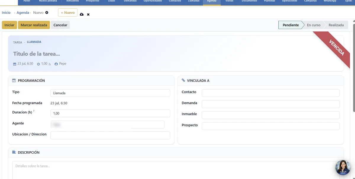 Formulario de nueva cita en Agenda con bloques Programación, Vinculada a y Descripción