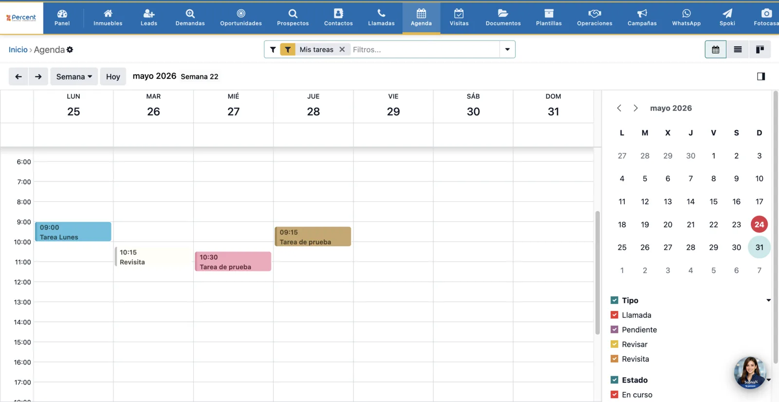 Vista principal de la Agenda con el calendario y las tareas