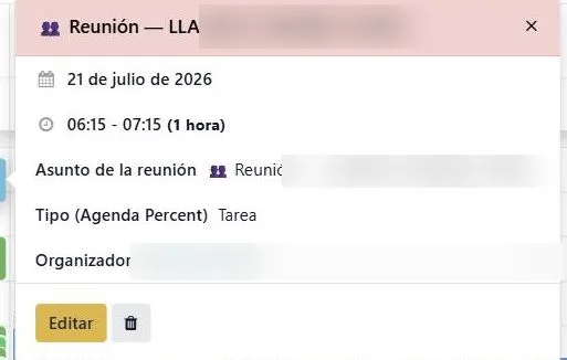 Ventana emergente de vista rápida al pulsar un evento del calendario