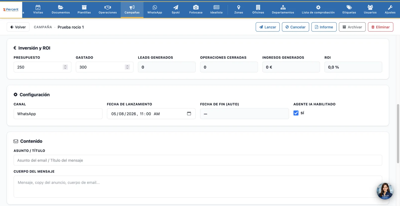 Ficha de campaña — inversión, ROI y configuración