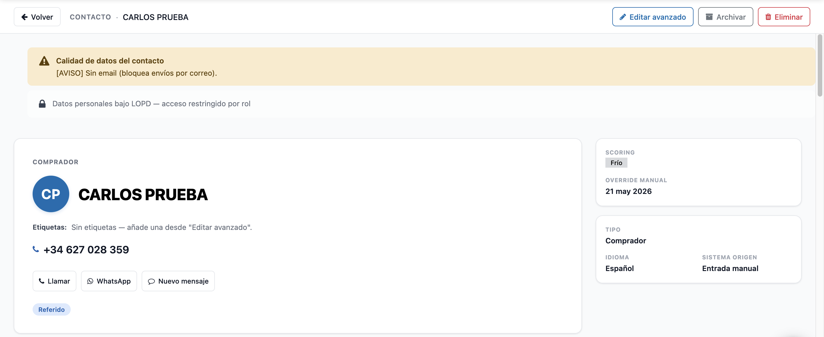 Ficha principal de un contacto
