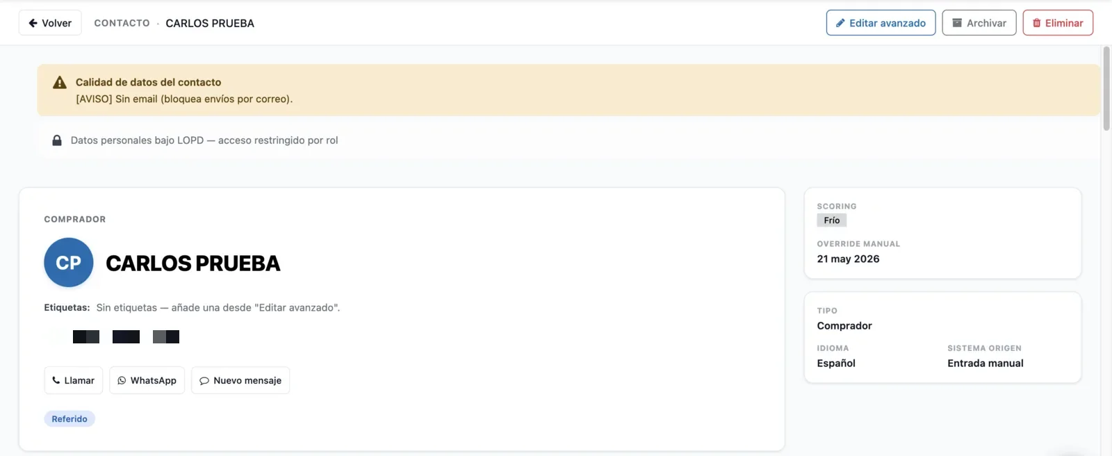 Ficha principal de un contacto
