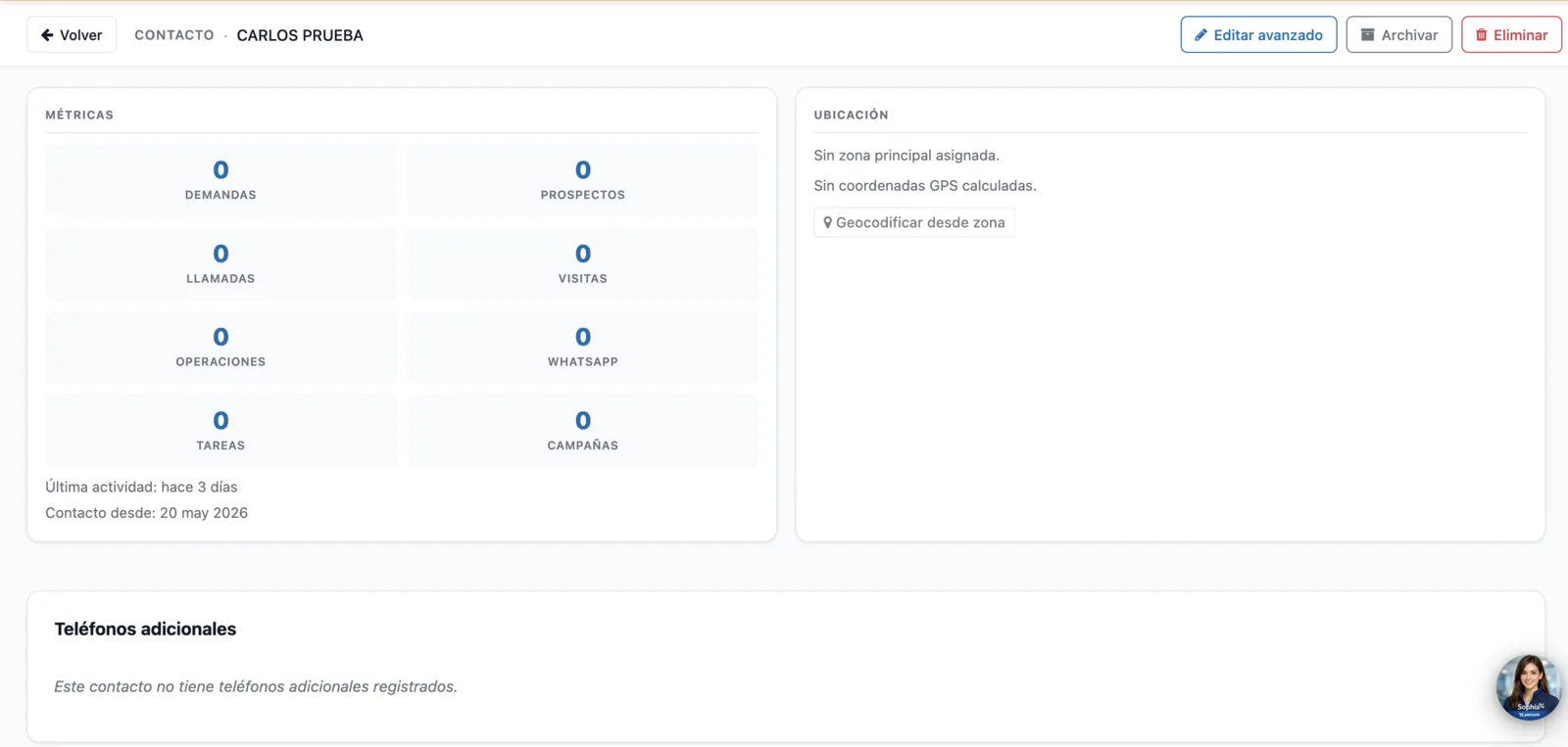 Métricas, ubicación y teléfonos adicionales