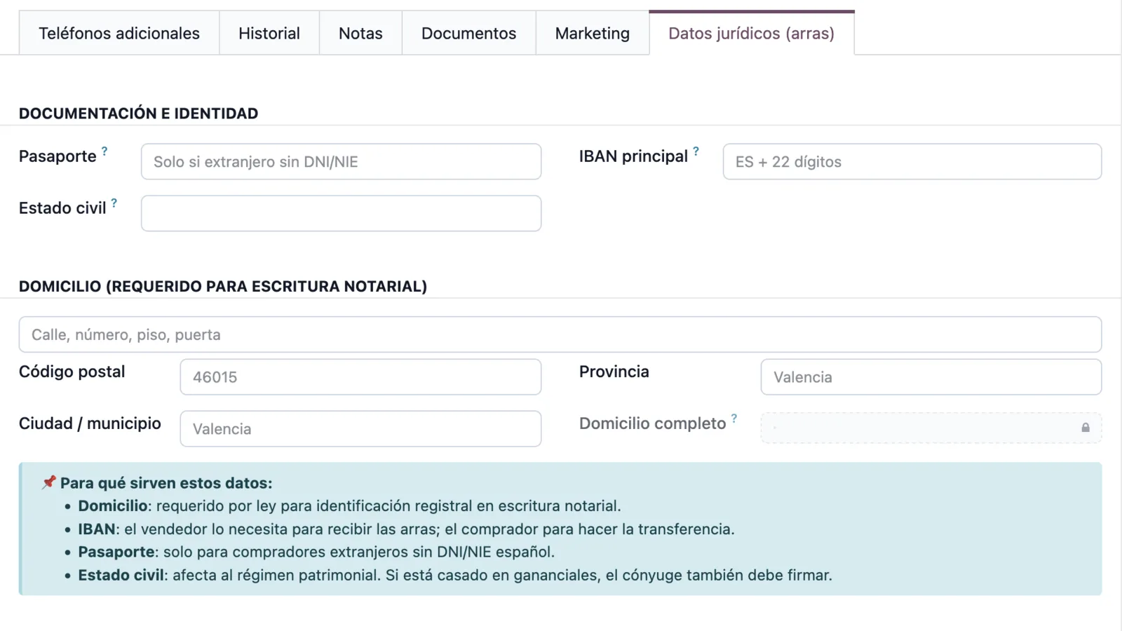 Pestaña Datos jurídicos