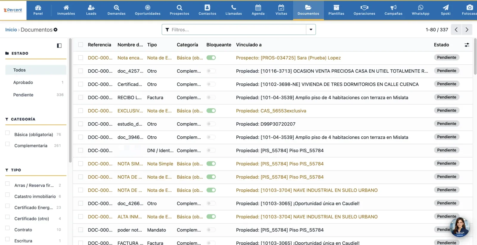 Listado del módulo Documentos con referencia, tipo, categoría, bloqueante y estado