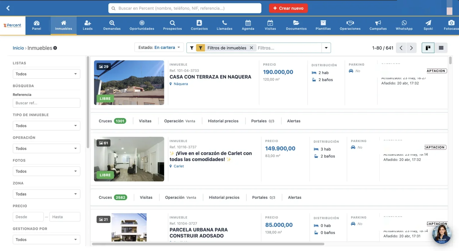 Listado de Inmuebles en vista tarjetas