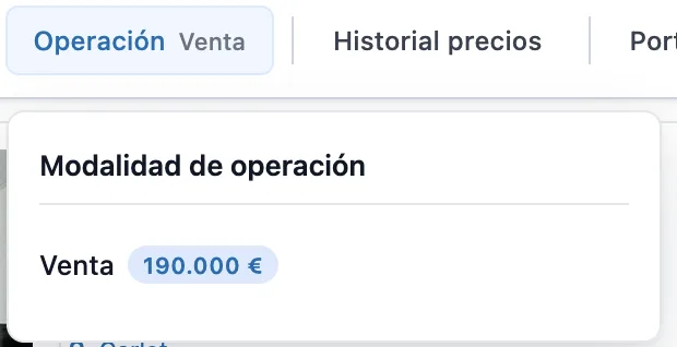 Panel Modalidad de operación: venta y alquiler con su precio