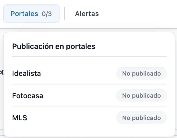 Estado de publicación en portales (Idealista, Fotocasa, MLS)