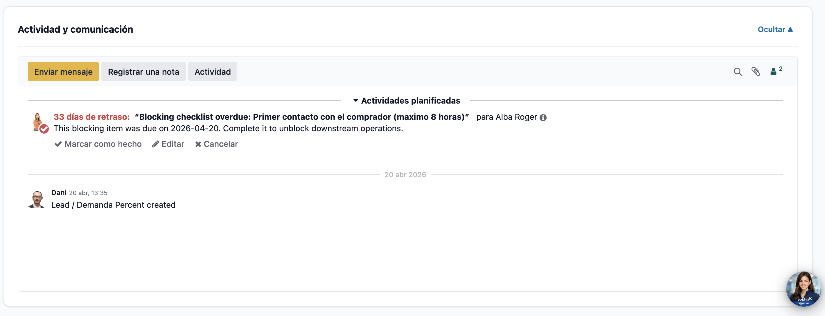Actividad y comunicación con aviso de tarea bloqueante vencida