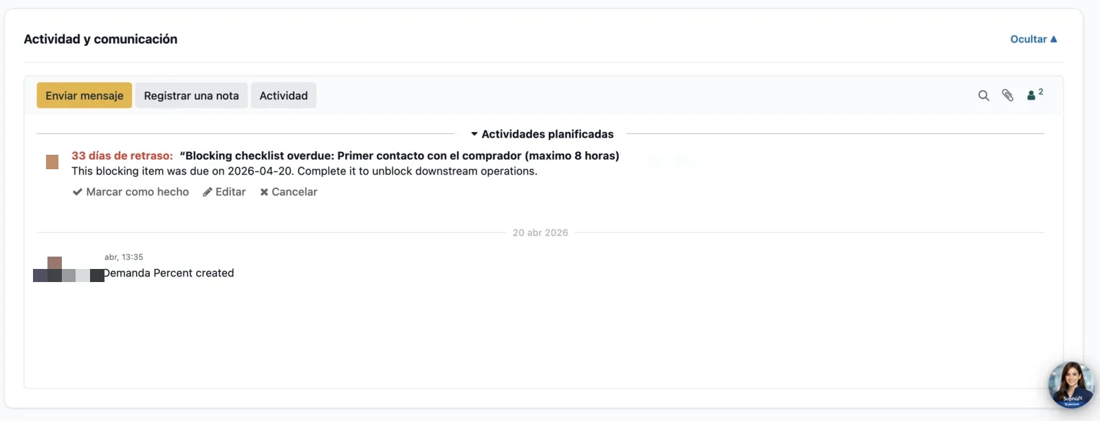 Actividad y comunicación con aviso de tarea bloqueante vencida
