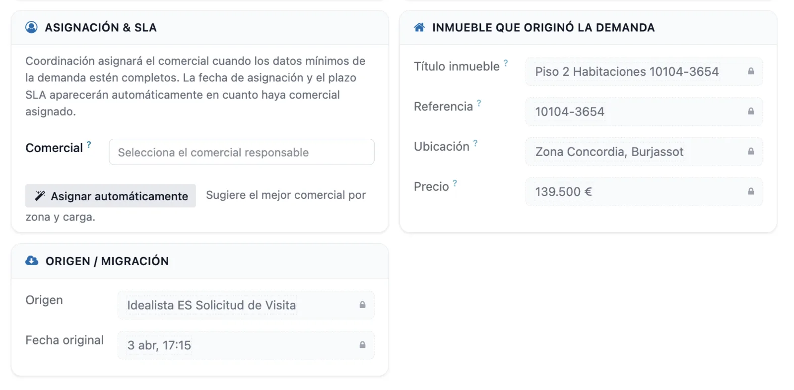 Asignación, inmueble de interés y origen