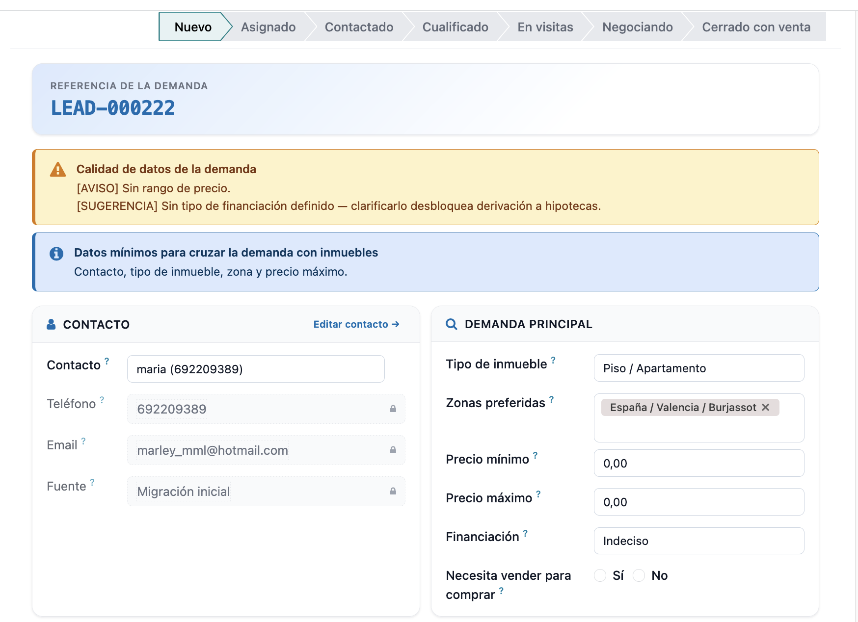 Editar avanzado de la demanda: tarjetas Contacto y Demanda principal
