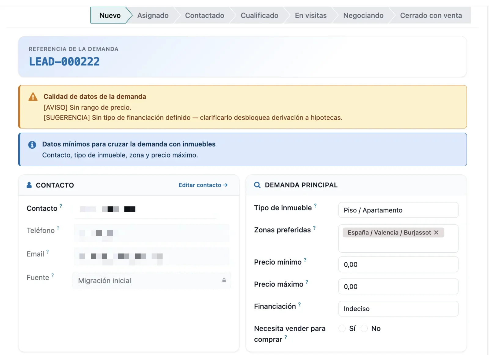 Editar avanzado de la demanda: tarjetas Contacto y Demanda principal