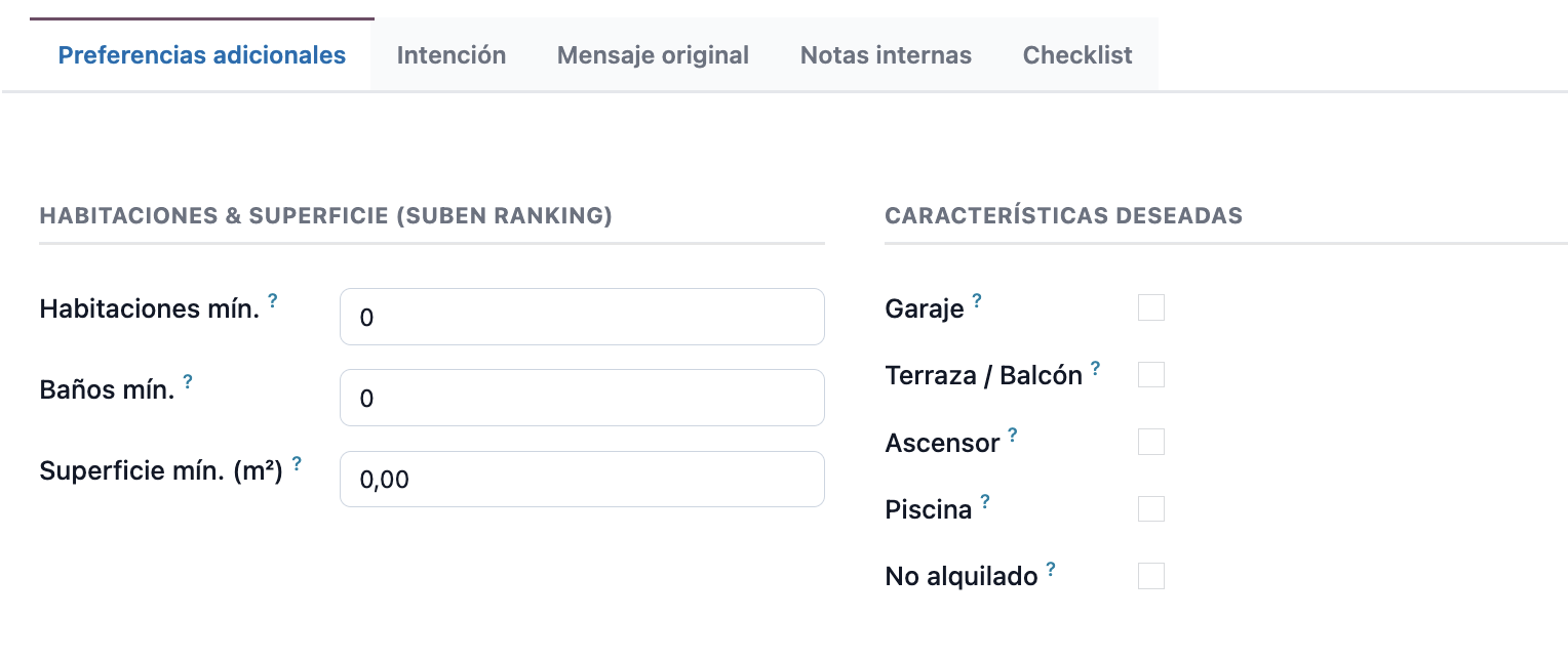 Pestaña Preferencias adicionales con habitaciones, baños, superficie y características deseadas