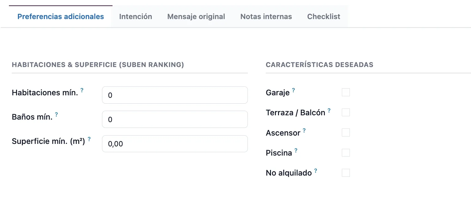 Pestaña Preferencias adicionales con habitaciones, baños, superficie y características deseadas