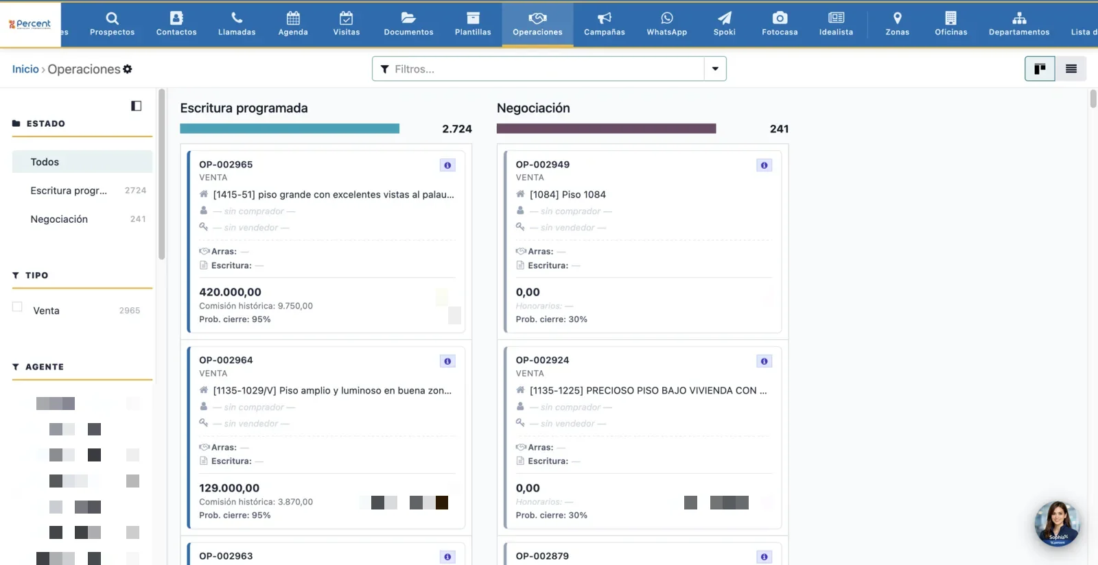 Kanban de operaciones con columnas Negociación, Escritura programada y Perdido; tarjetas OP-XXXXXX con importe, honorarios y probabilidad