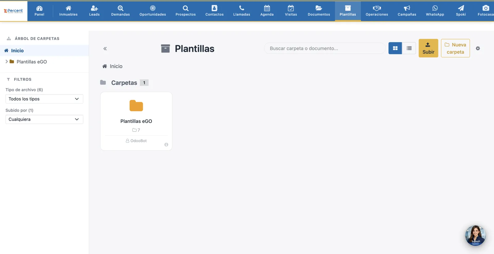 Vista principal del módulo Plantillas con carpetas y listado de archivos base