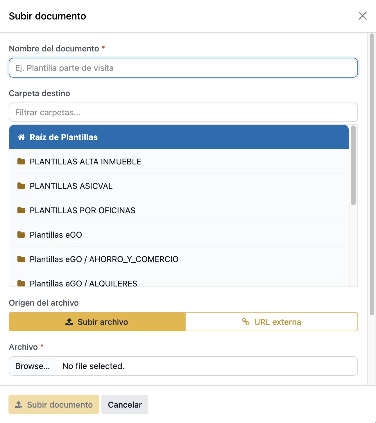 Diálogo Subir documento con nombre, carpeta destino y archivo o URL externa
