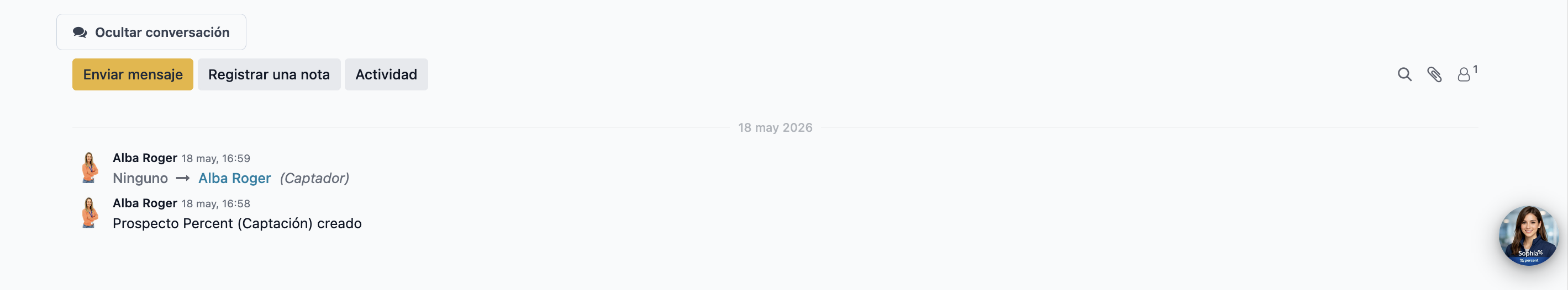 Bloque de conversación y actividad con botones e historial