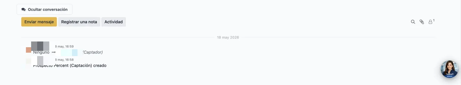 Bloque de conversación y actividad con botones e historial