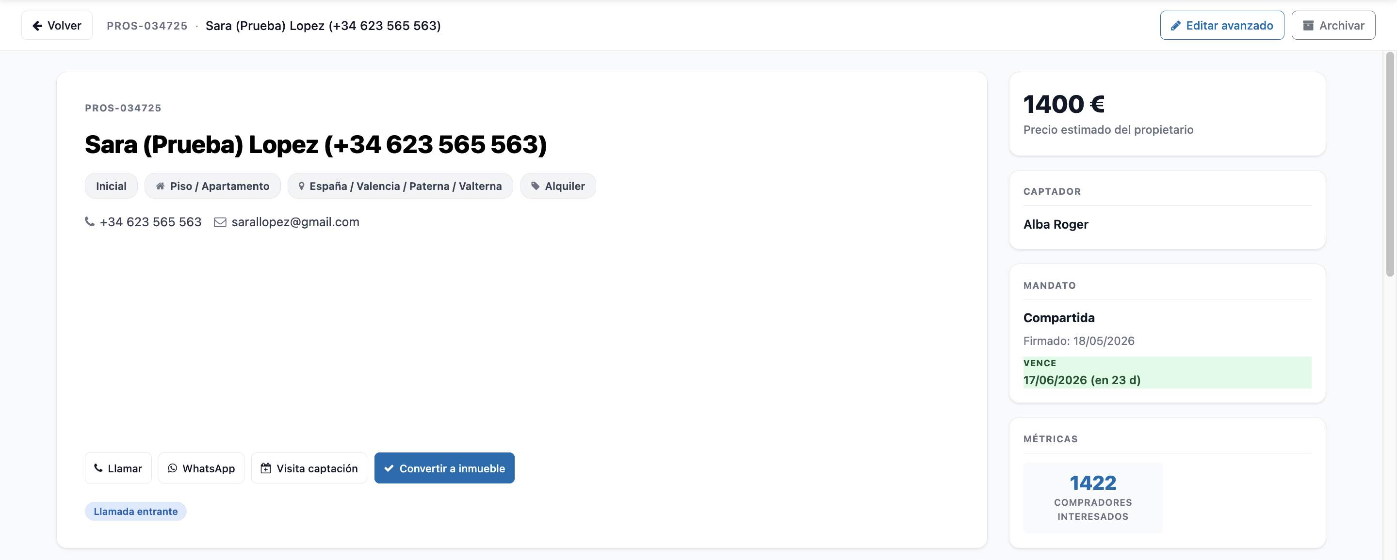 Cabecera de la ficha de un prospecto con datos del propietario, precio estimado, captador, encargo y métricas