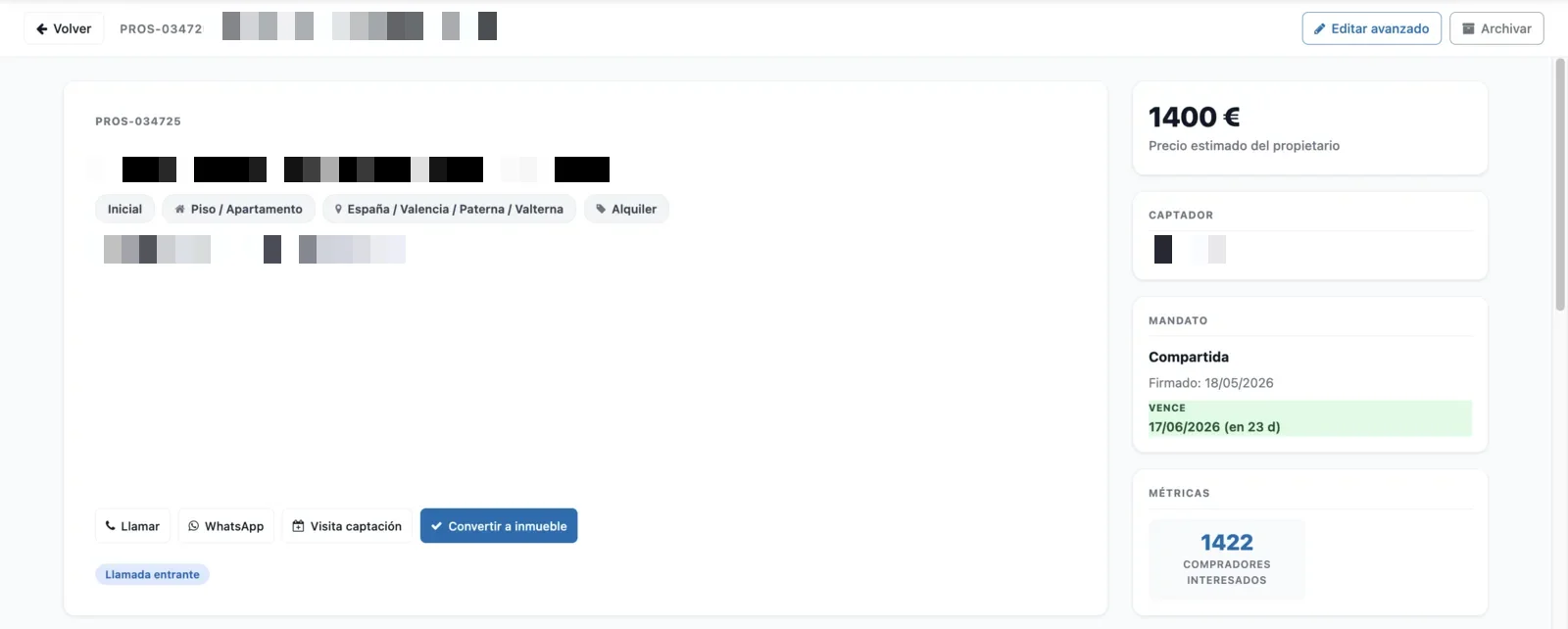 Cabecera de la ficha de un prospecto con datos del propietario, precio estimado, captador, encargo y métricas